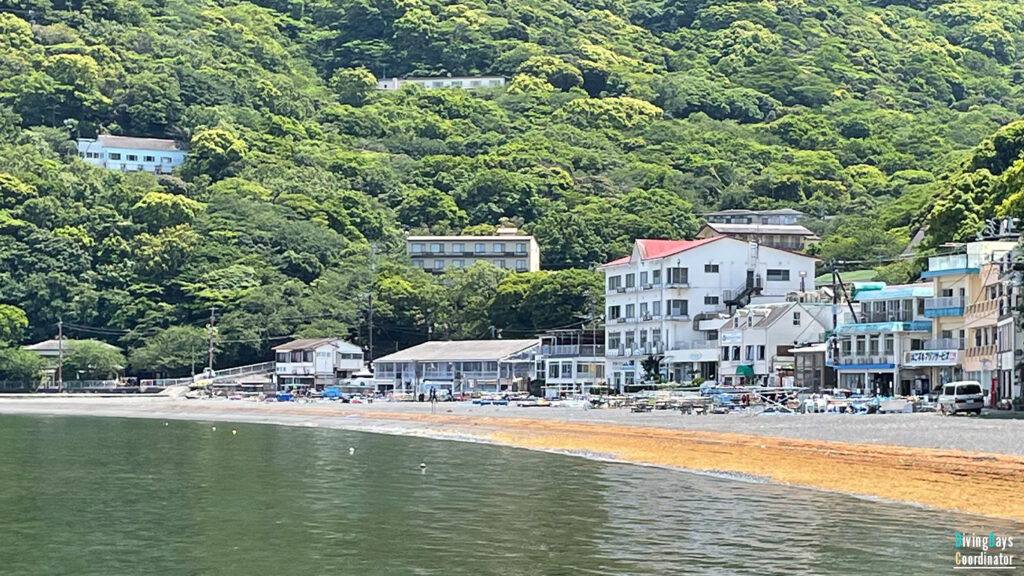 大瀬崎のダイビングショップが並ぶ写真